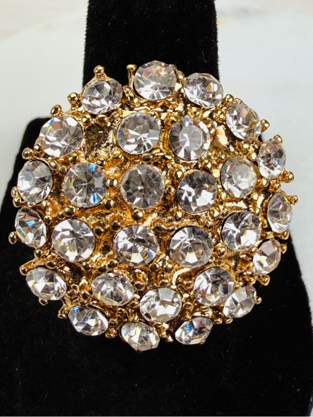 Goldtone crystal cluster bling size 8 adjustable statement ring